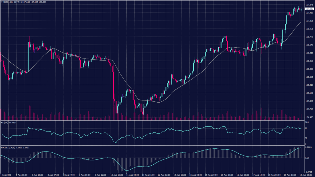 US dollar index showing that hourly chart shows a light resistance at 107.60 that reflects on the RSI and MACD readings.